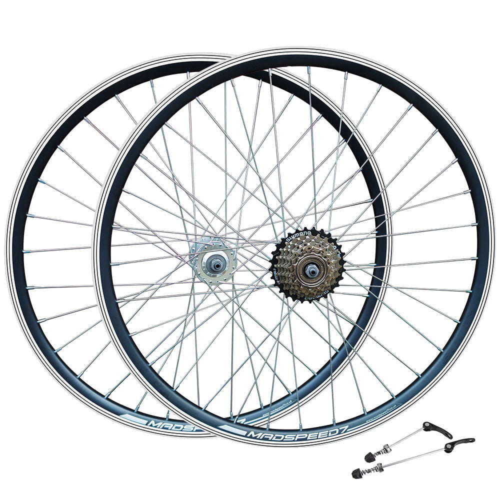 QR 29" 29er (ETRTO 622x19) MTB Mountain Bike Wheel Set Shimano 6/7 Speed Freewheel - Rim & Disc Brake Compatible - Sealed Bearings Hubs - Double Wall Rims - 32x Silver Spokes