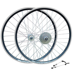 QR 700c (ETRTO 622x15) Road Racing Bike Wheel Set + 8 Speed Freewheel - Sealed Bearings Hubs - Double Wall - 32x Silver Spokes